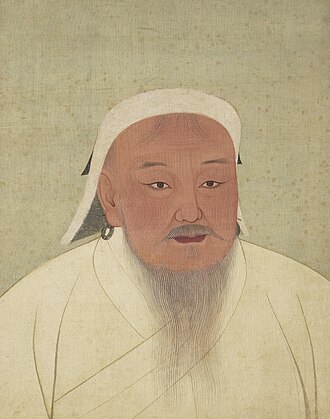 Portrait traditionnel d'un homme mongol, représentant Gengis Khan, avec un regard sérieux et une barbe longue.